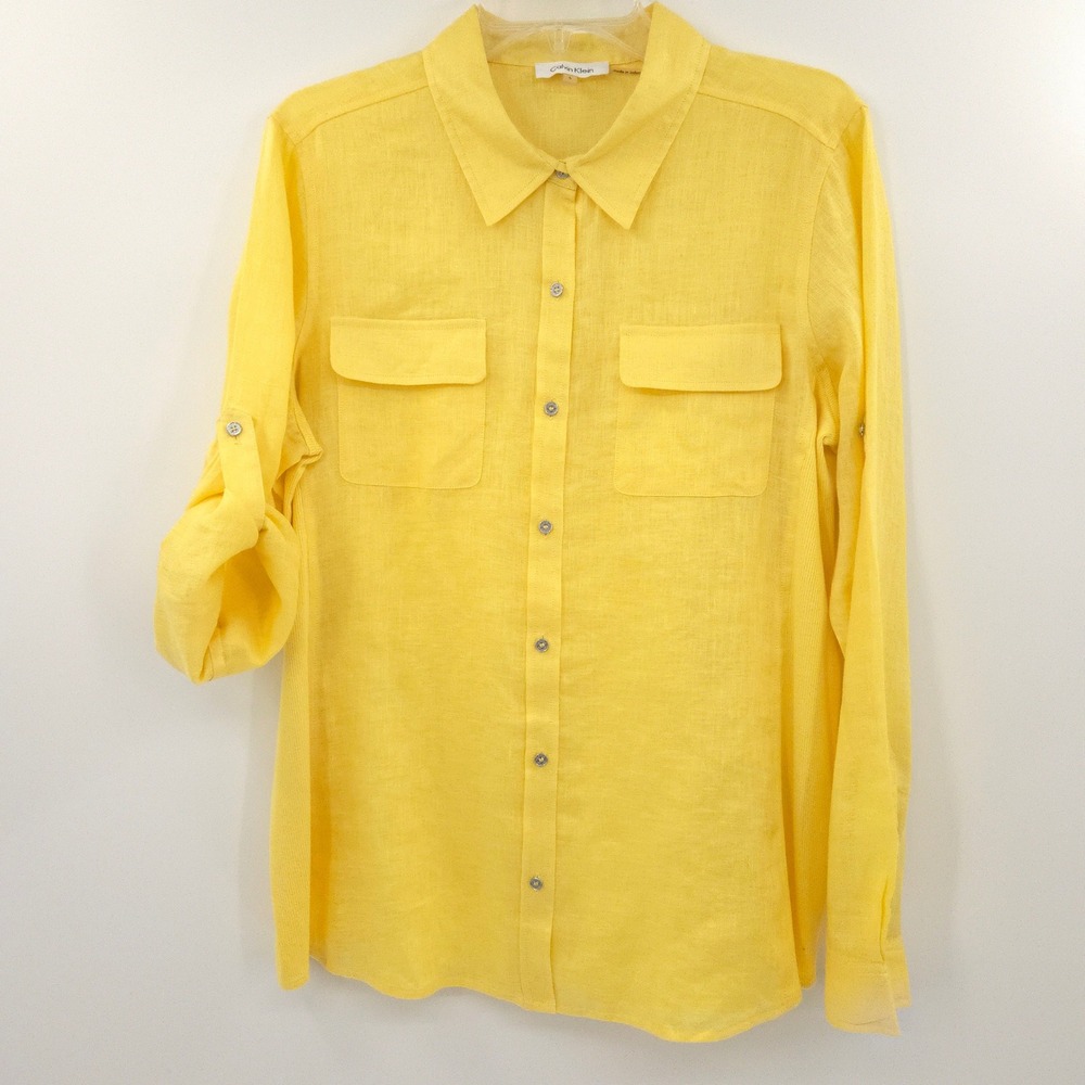 Calvin Klein Linen Button Down Shirt Womens L Yellow Roll Tab Sleeve Pockets
